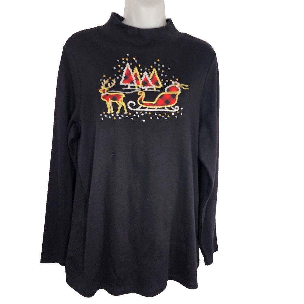 Quacker Factory Buffalo Scene Mock Neck Long Sleeve Top Black Sleigh L A459653